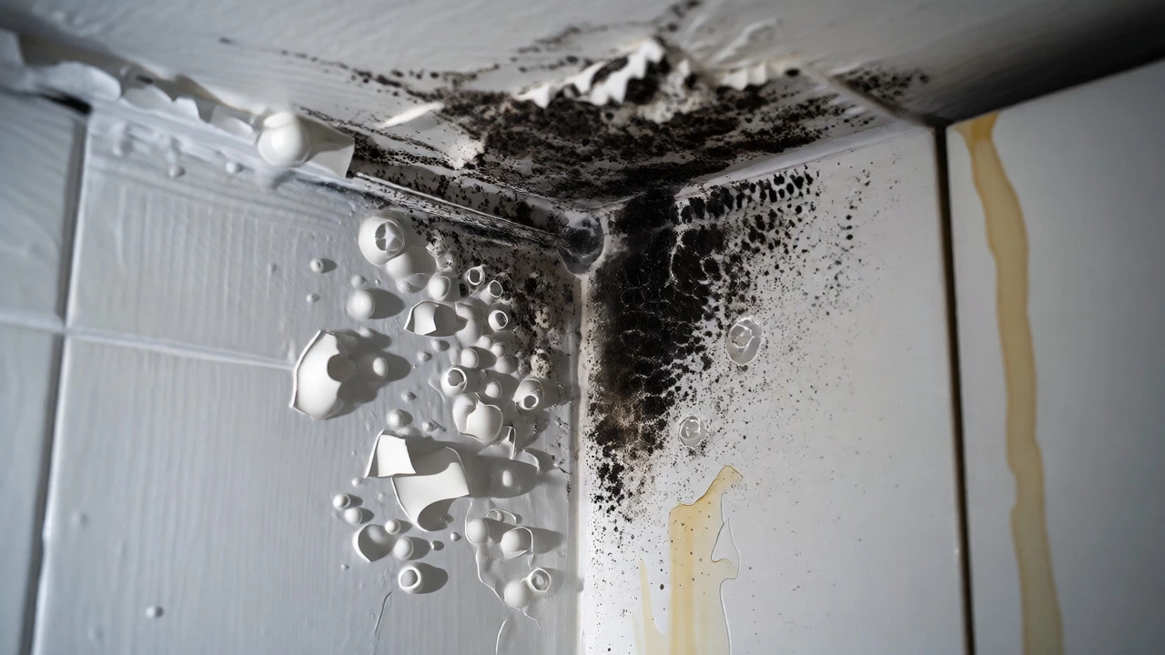 Black mold and peeling paint on a kitchen wall