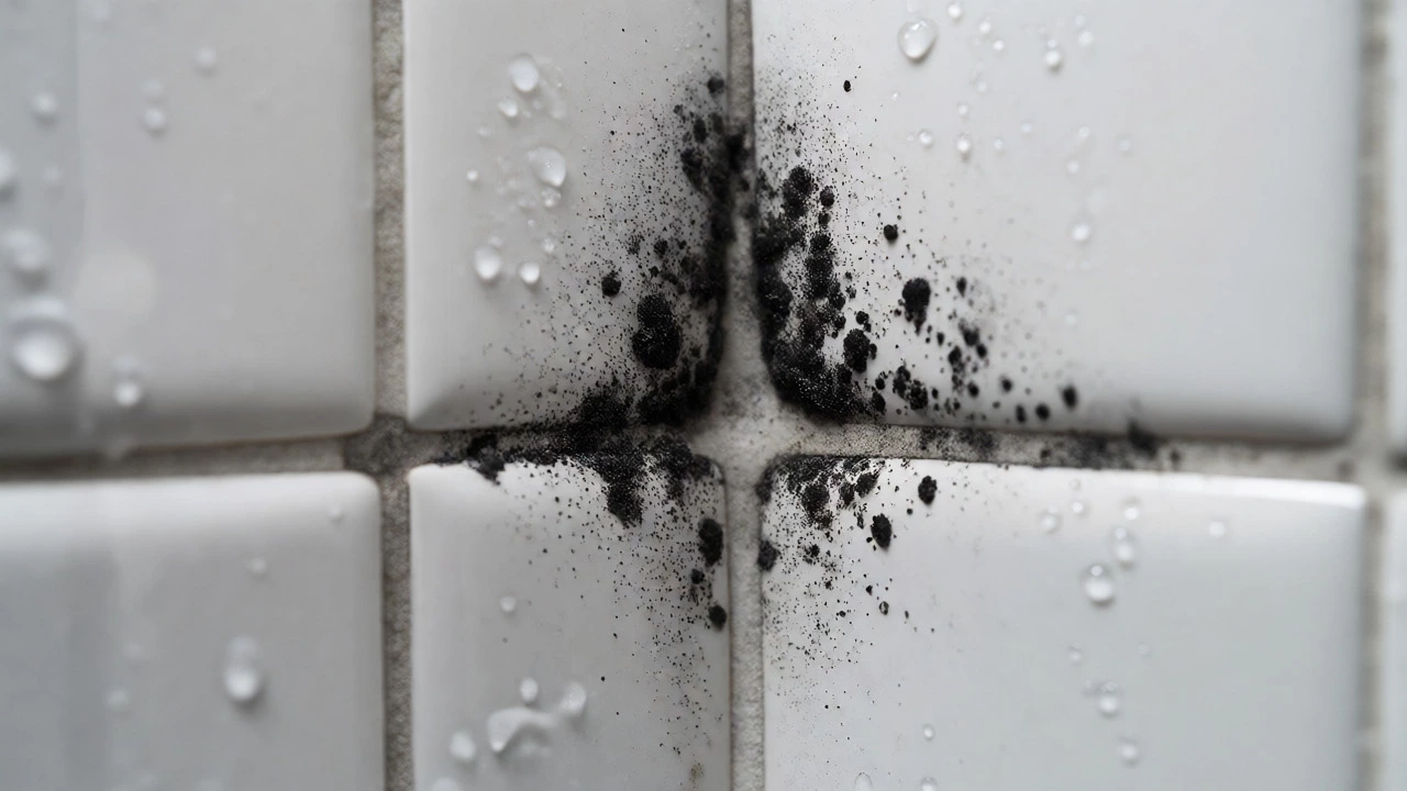 Black mold growing in wet bathroom tile grout lines