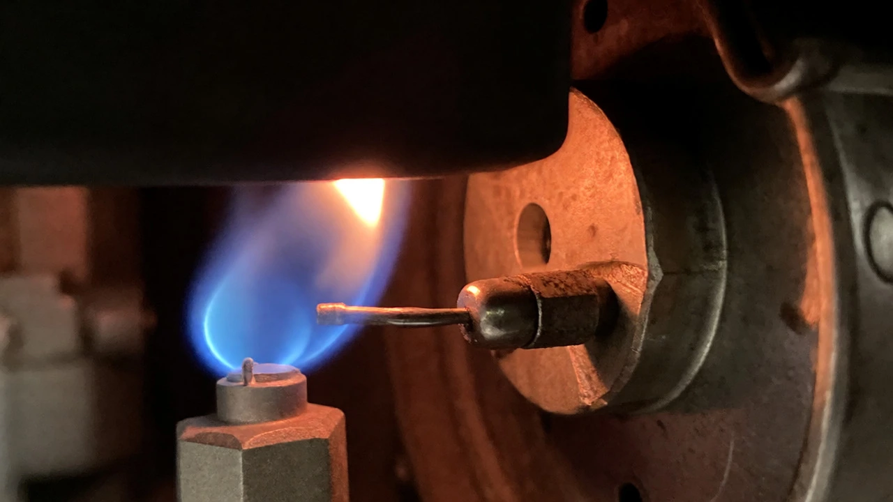 Close-up of a gas water heater pilot light and thermocouple sensor