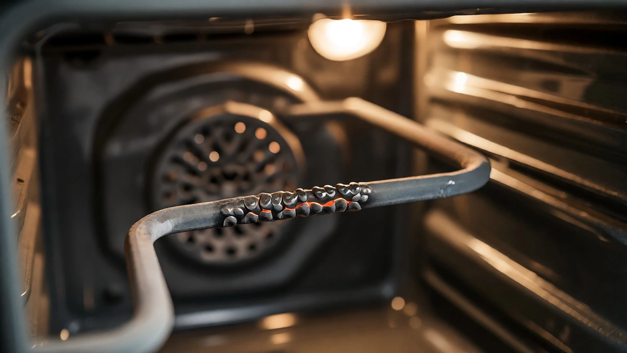 Close-up of a worn and damaged oven heating element inside the cavity