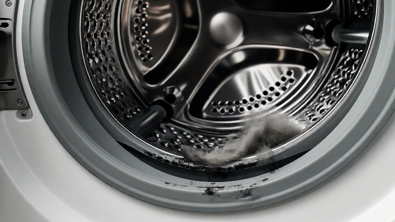 Close-up of a worn washing machine drum with a damaged rubber gasket and lint buildup.