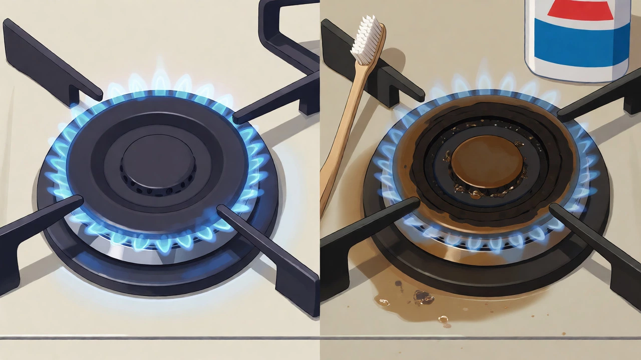 Comparison of a clean gas burner versus one clogged with grease