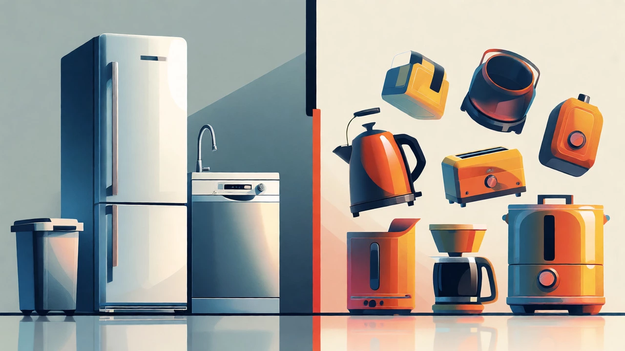 Conceptual art dividing large fixed white goods from small portable kitchen appliances by size and color.
