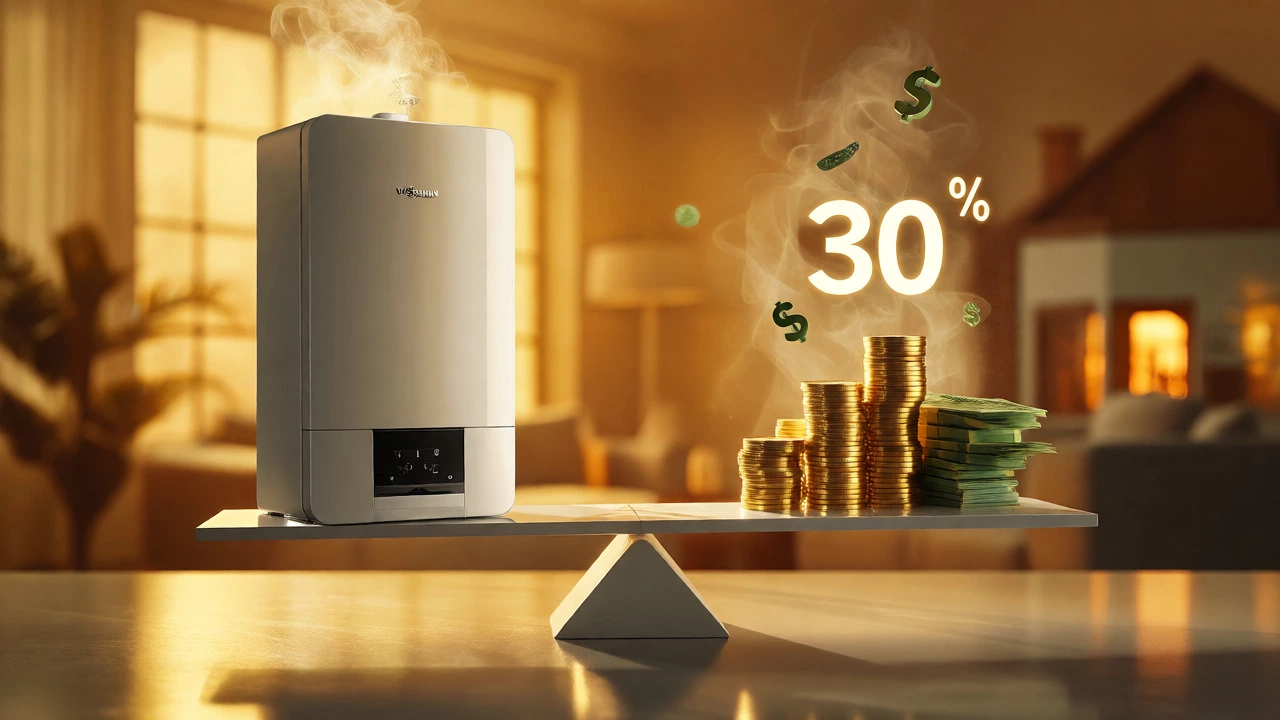 Conceptual image of a modern boiler balancing against money and coins to show cost savings.