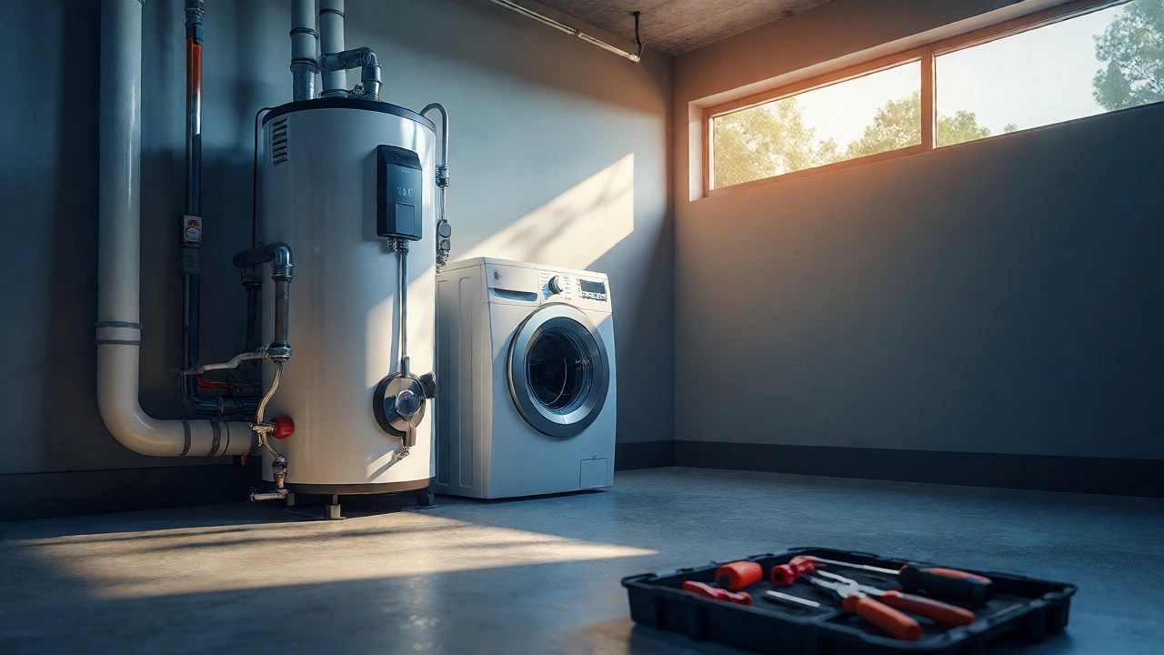 Electric water heater in a sunlit utility room with tools nearby.