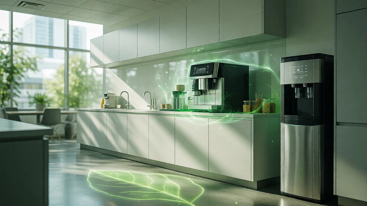 Energy-efficient office appliances in a sunlit modern breakroom