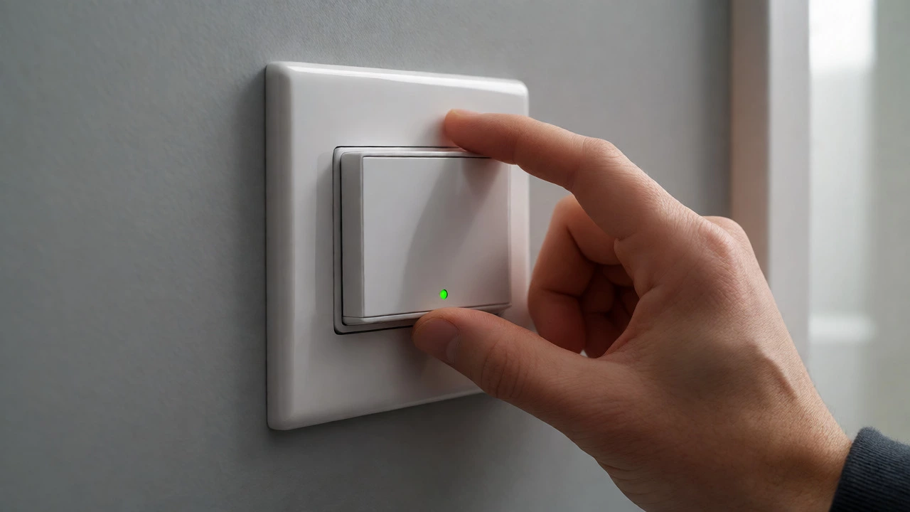 Hand adjusting a digital timer switch on a bathroom wall