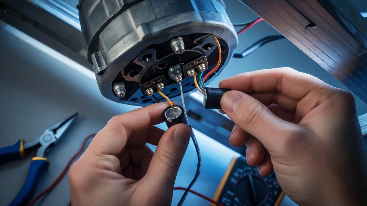 Hands replacing capacitor on extractor fan motor