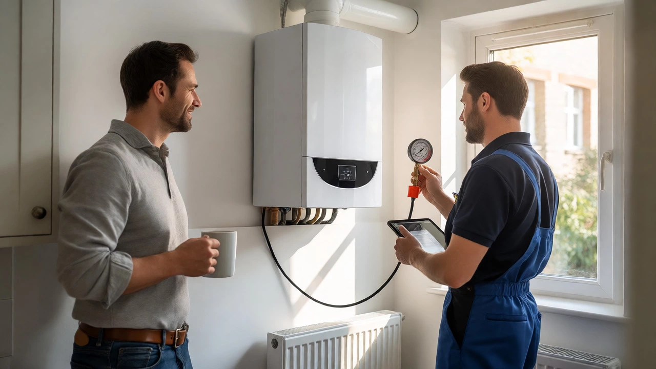 Homeowner and engineer inspecting a newly installed, commissioned boiler in a bright kitchen.