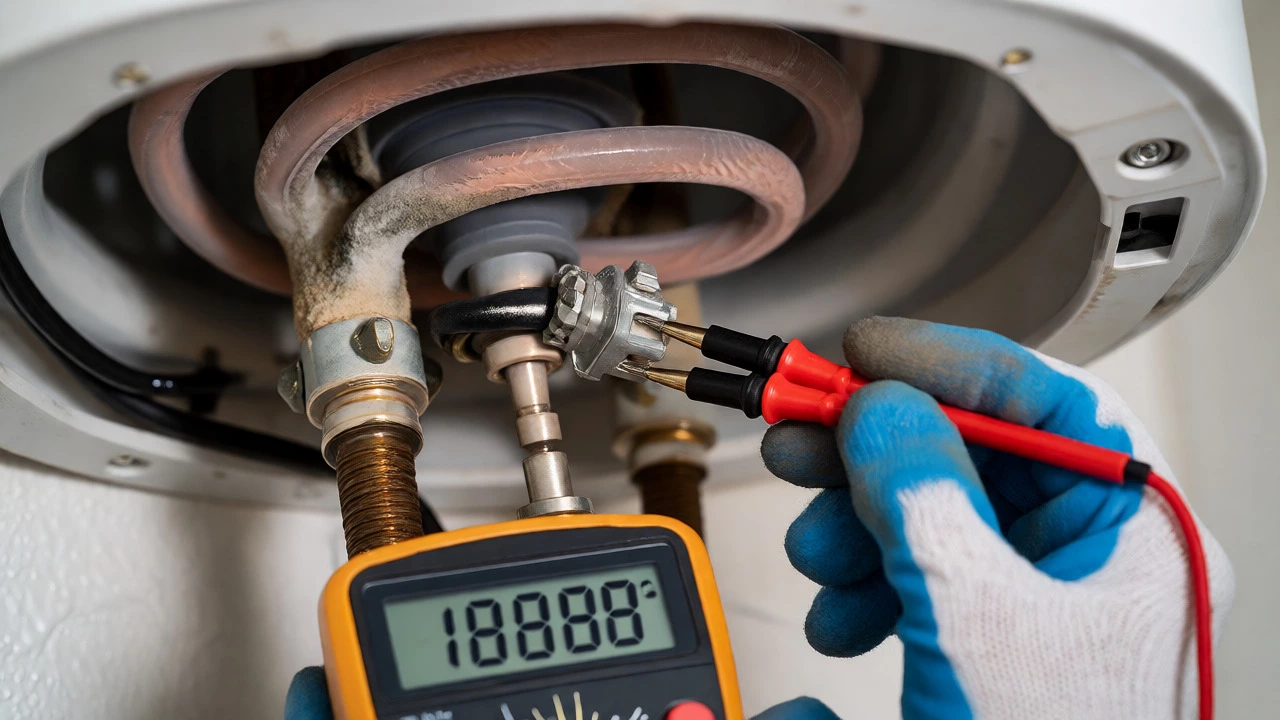 Multimeter testing a scaled electric water heater heating element.