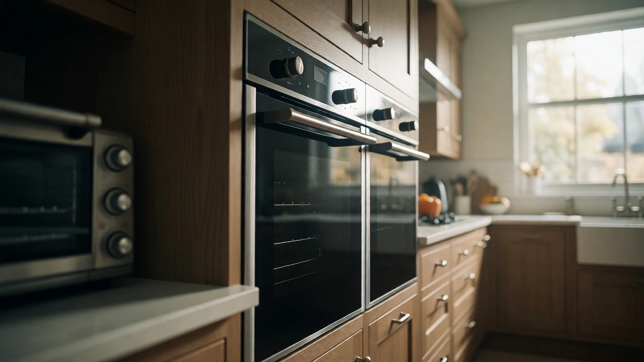 New built-in oven in a sunlit kitchen with a toaster oven in the foreground.