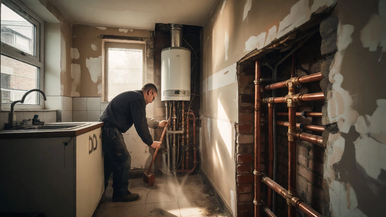Plumber routing new pipework through walls during a complex boiler relocation and system upgrade.