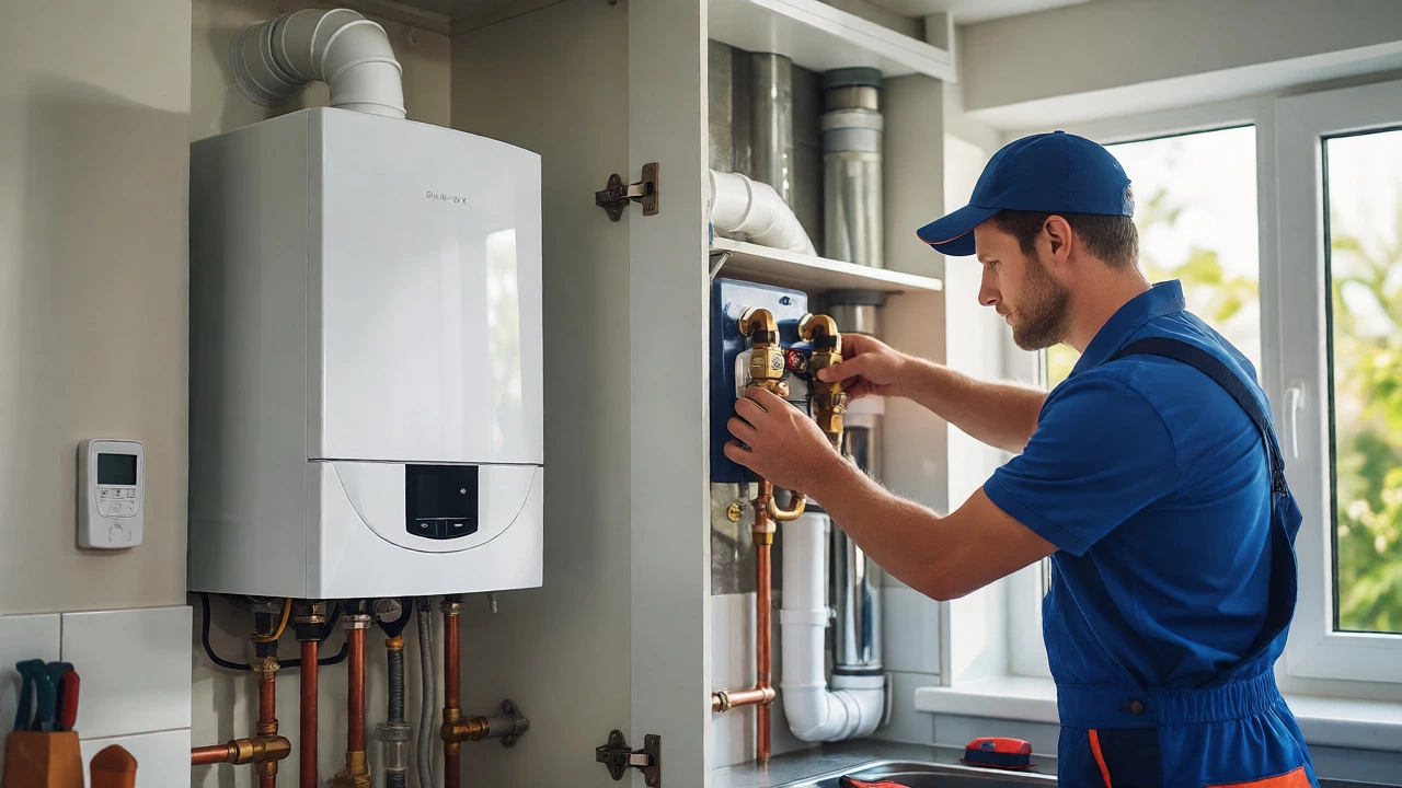 Professional plumber installing a modern white combi boiler with copper pipes in a bright kitchen.