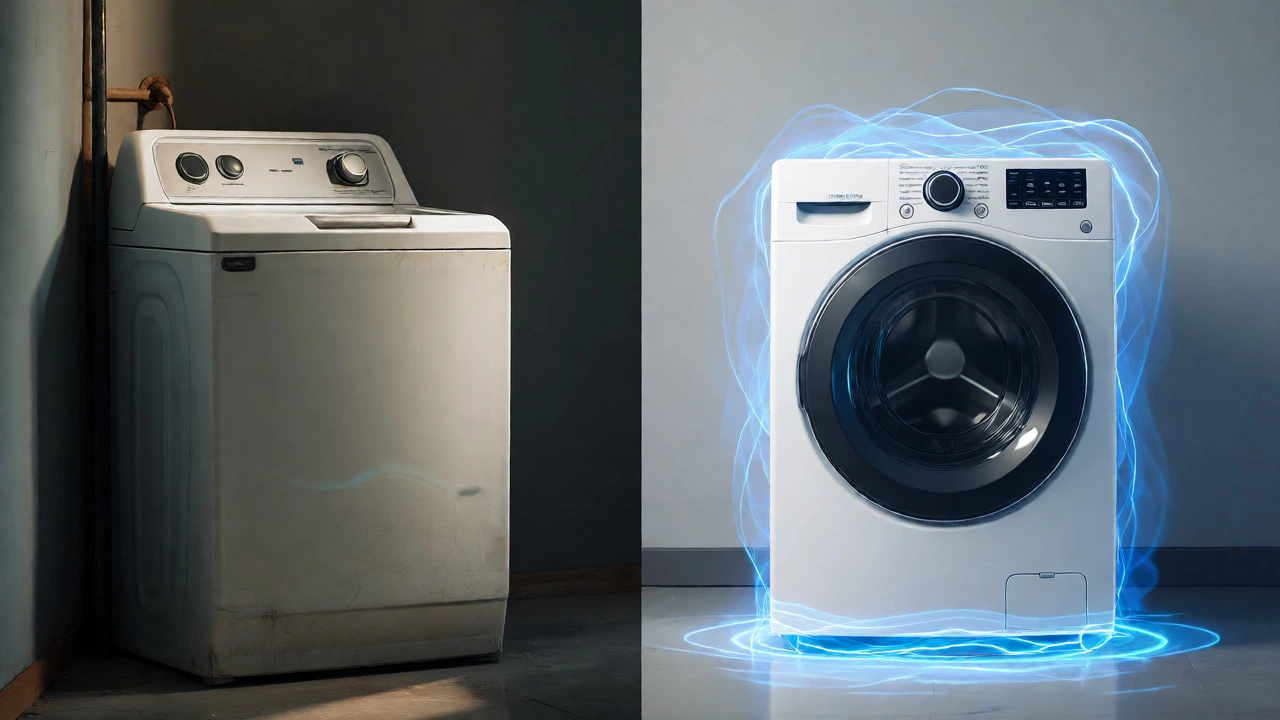 Side-by-side comparison of an old rusty washer and a new efficient modern washing machine.