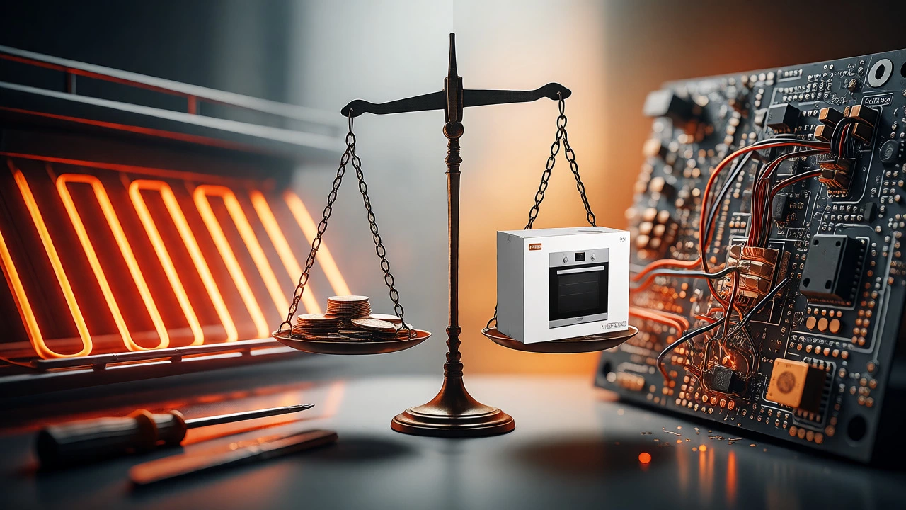 Split image comparing a glowing heating element and a complex control board on a scale.