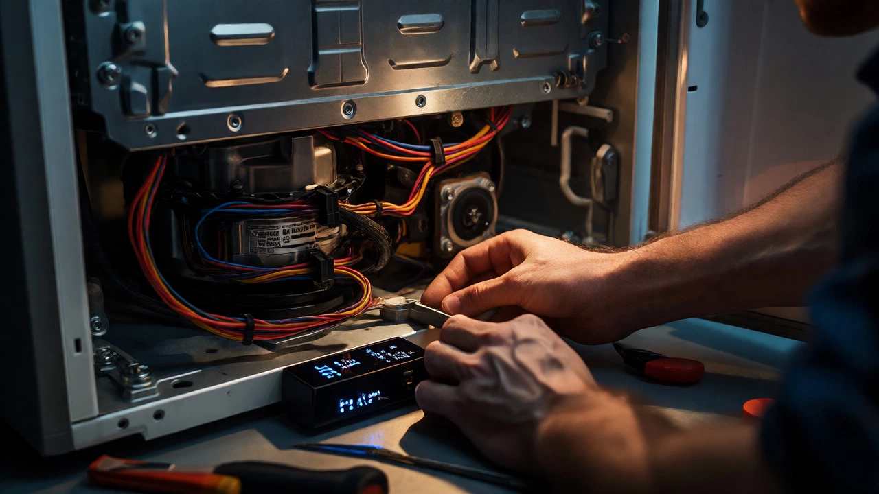 Technician repairing the internal mechanics and smart components of a modern refrigerator.