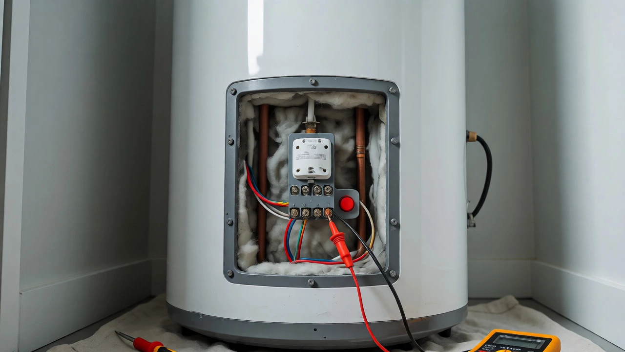Technician testing an electric water heater thermostat with a multimeter